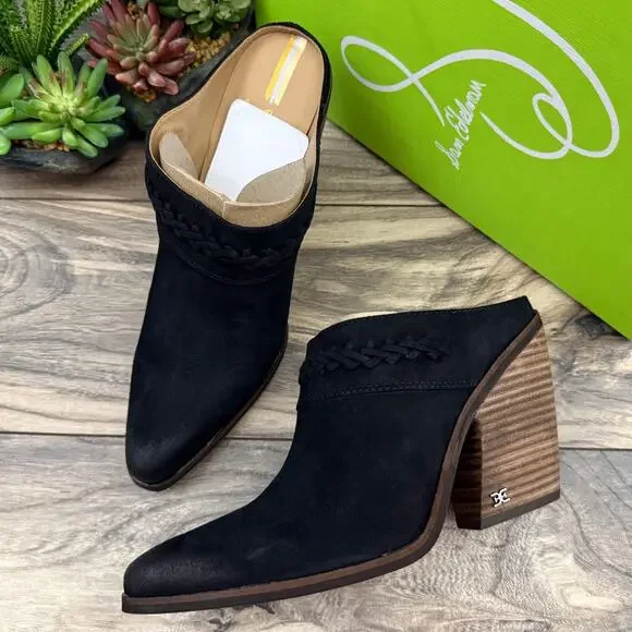 NIB SAM EDELMAN Alison 8M Suede Pointed Toe Stacked Block Heel Mule Black - Picture 1 of 11